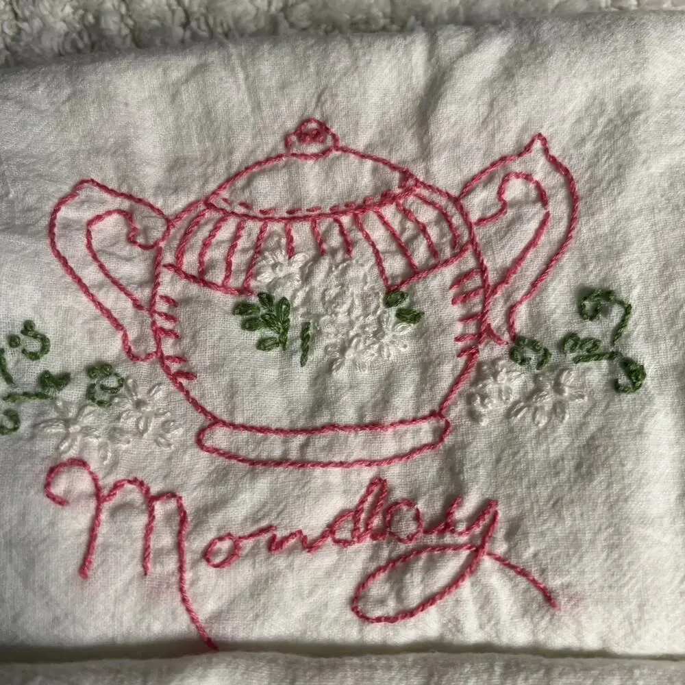 Vintage Lot of 7 Days of The Week Tea Cup Party Flour Sack Towels Dishes Teapot